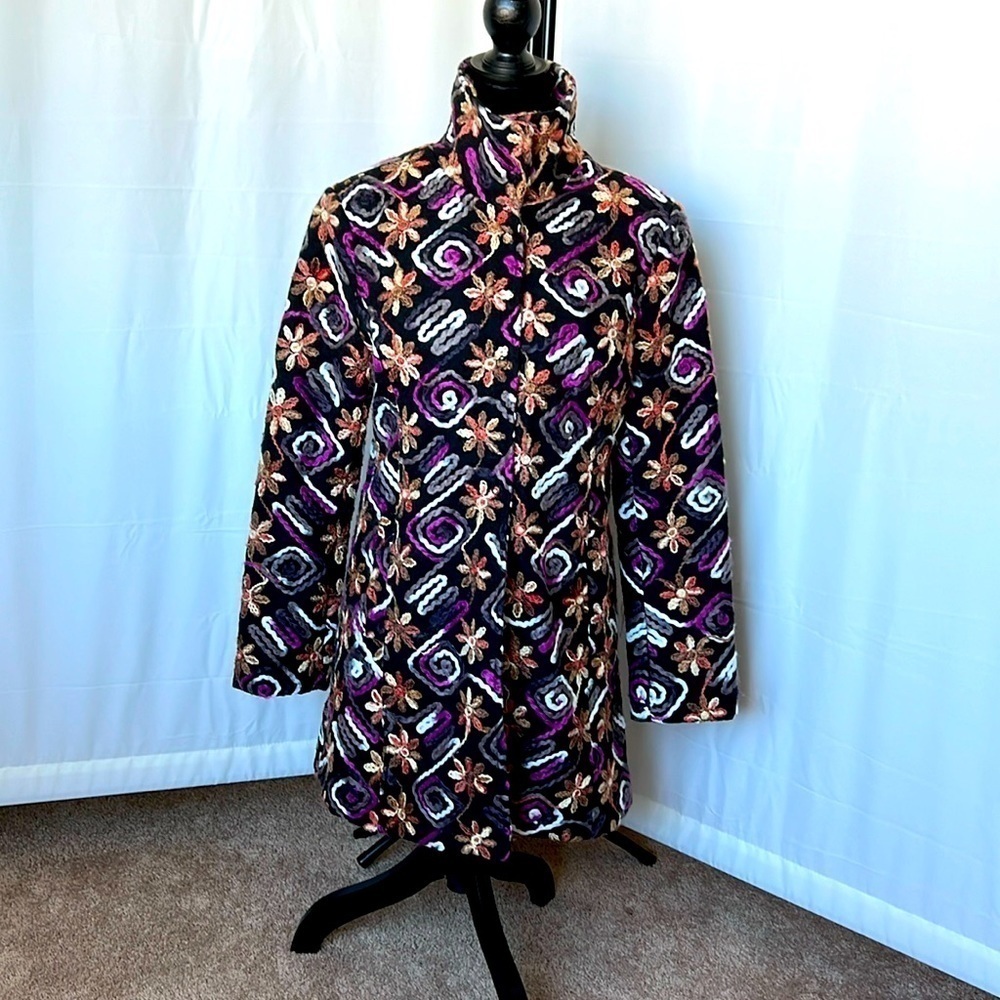 Luisa Perla Floral Embroidered Wool Blend Coat